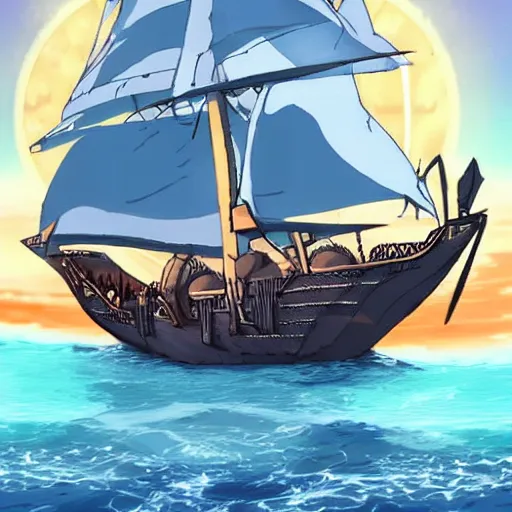 Prompt: a fantasy ship of pirates with a sun as the bow, anime style