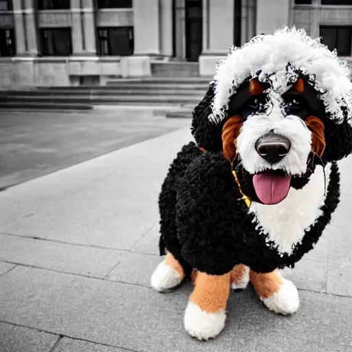 Image similar to a closeup photorealistic photograph of a cute smiling knitted bernedoodle judge dog dressed in a black gown, presiding over the courthouse. indoors, professional capture, well lit shot. this 4 k hd image is trending on artstation, featured on behance, well - rendered, extra crisp, features intricate detail, epic composition and the style of unreal engine.