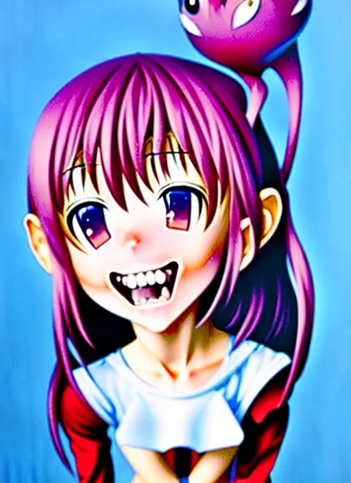 Image similar to a hyperrealistic oil panting of a kawaii anime girl figurine caricature with a big dumb grin featured on nickelodeon by dave mckean