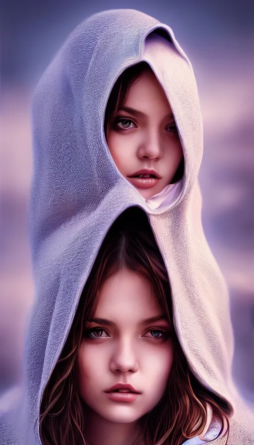 Prompt: photo of a gorgeous young girl hooded in the style of stefan kostic, realistic, sharp focus, 8k high definition, high fashion, vogue, insanely detailed, intricate, elegant, art by stanley lau and artgerm, sigma 85mm art