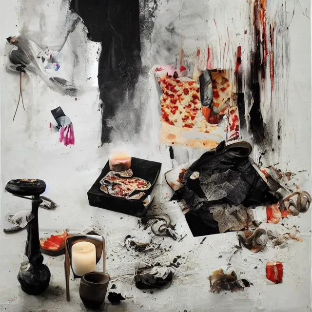 Prompt: a female artist's apartment, sensual portrait of a woman sleeping, cracked handmade pottery vase, torn paper smouldering smoke, candles, white flowers on the floor, puddle of water, octopus, squashed berries, pizza box, pancakes, black underwear, neo - expressionism, surrealism, acrylic and spray paint and oilstick on canvas