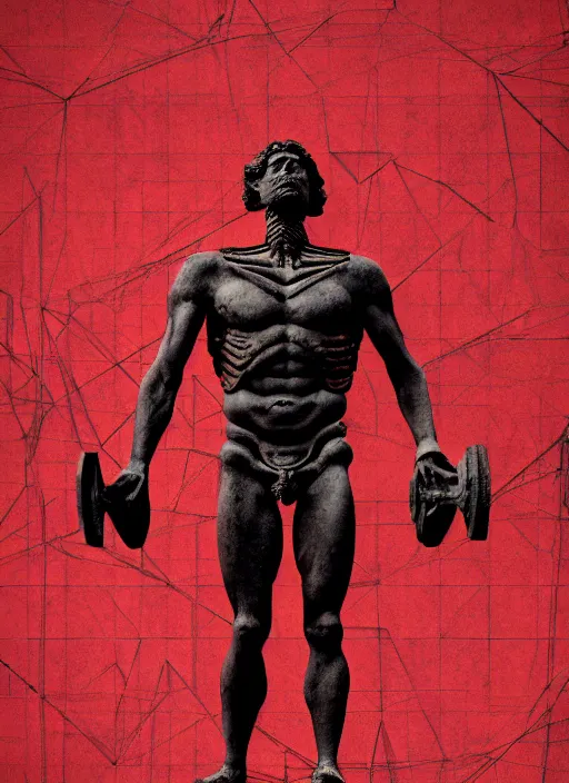 Image similar to black background, statue of hercules, ( ( ( skeleton ) ) ), grey, thin lines, dark, red grid, glitch art, neo vaporwave, gritty, movie poster, trending on artstation