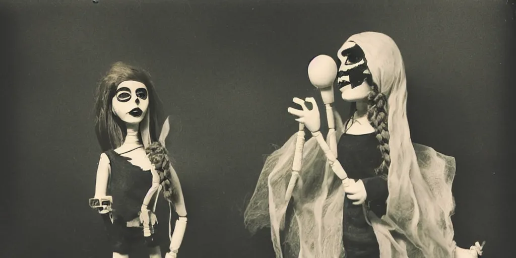 Image similar to 1 9 7 0 s female alive, eerie, creepy masked marionette puppet, lana del rey, unnerving, clockwork horror, pediophobia, lost photograph, dark, forgotten, final photo found before disaster, realistic, vintage noir, polaroid,