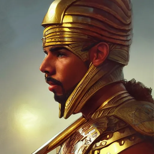 Image similar to egyptian warrior, steve toussaint, portrait, headshot, D&D, fantasy, highly detailed, digital painting, artstation, concept art, sharp focus, illustration, art by artgerm and greg rutkowski and alphonse mucha