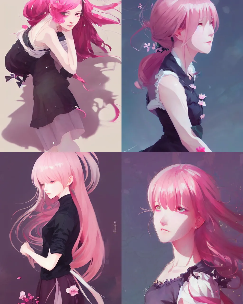 Prompt: a girl with pink hair and black skirt, flower decoration on the background, a beautiful half body illustration, top lighting, perfect shadow, soft painting, reduce saturation, leaning towards watercolor, art by hidari and krenz cushart and wenjun lin