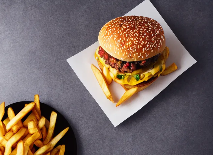 Prompt: dslr food photograph of a double cheeseburger and fries, 8 5 mm f 1. 8