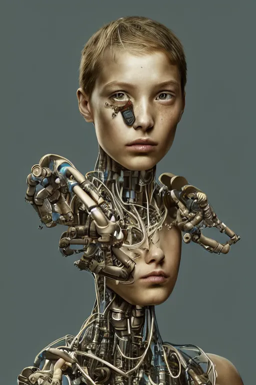 Image similar to beautiful portrait of a teen robot, intricate, dystopian, biopunk, extremely detailed, digital painting, sculpted in zbrush, artstation, concept art, smooth, sharp focus, illustration, chiaroscuro, soft lighting, golden ratio, rule of thirds, fibonacci, incredible art by Stanley Artgerm Lau and Greg Rutkowski, composition by mike mignola and Simon Stalenhag,