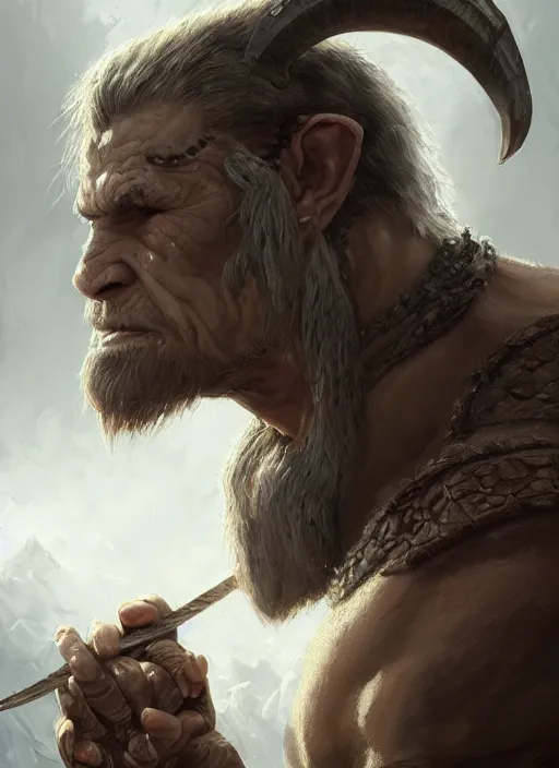 Prompt: realistic portrait painting of a male half - orc fantasy barbarian warrior, old mystic ruins, afternoon, intricate, elegant, highly detailed, digital painting, sharp, focus, by artgerm and greg rutkowski