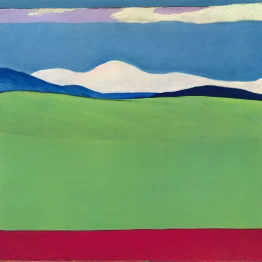 Prompt: clean grassland, snow - capped mountains in the distance, clouds in the sky, milton avery