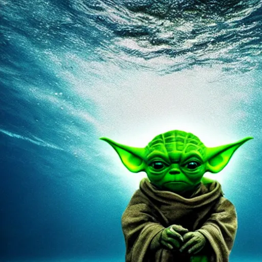 Image similar to stunning awe inspiring yoda swimming under water, 8 k hdr under water photo, amazing lighting