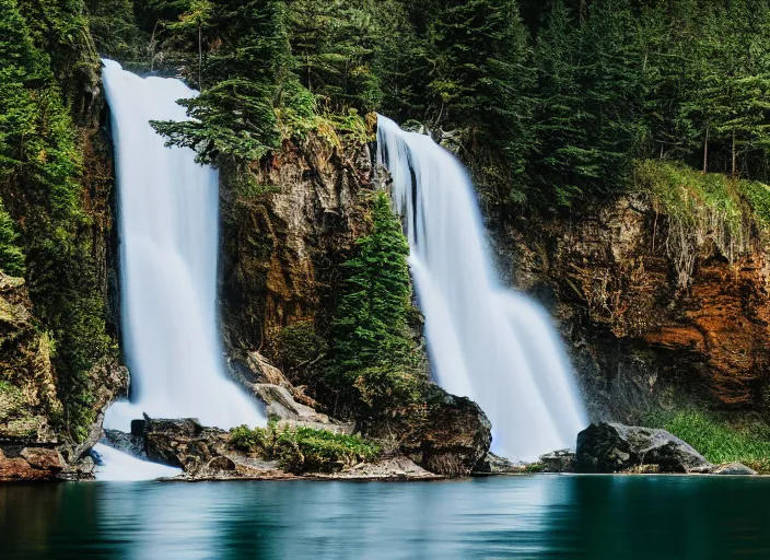 Prompt: waterfall falling into a lake, cliff, trees, photograph, landscape photography, sigma, 5 0 mm