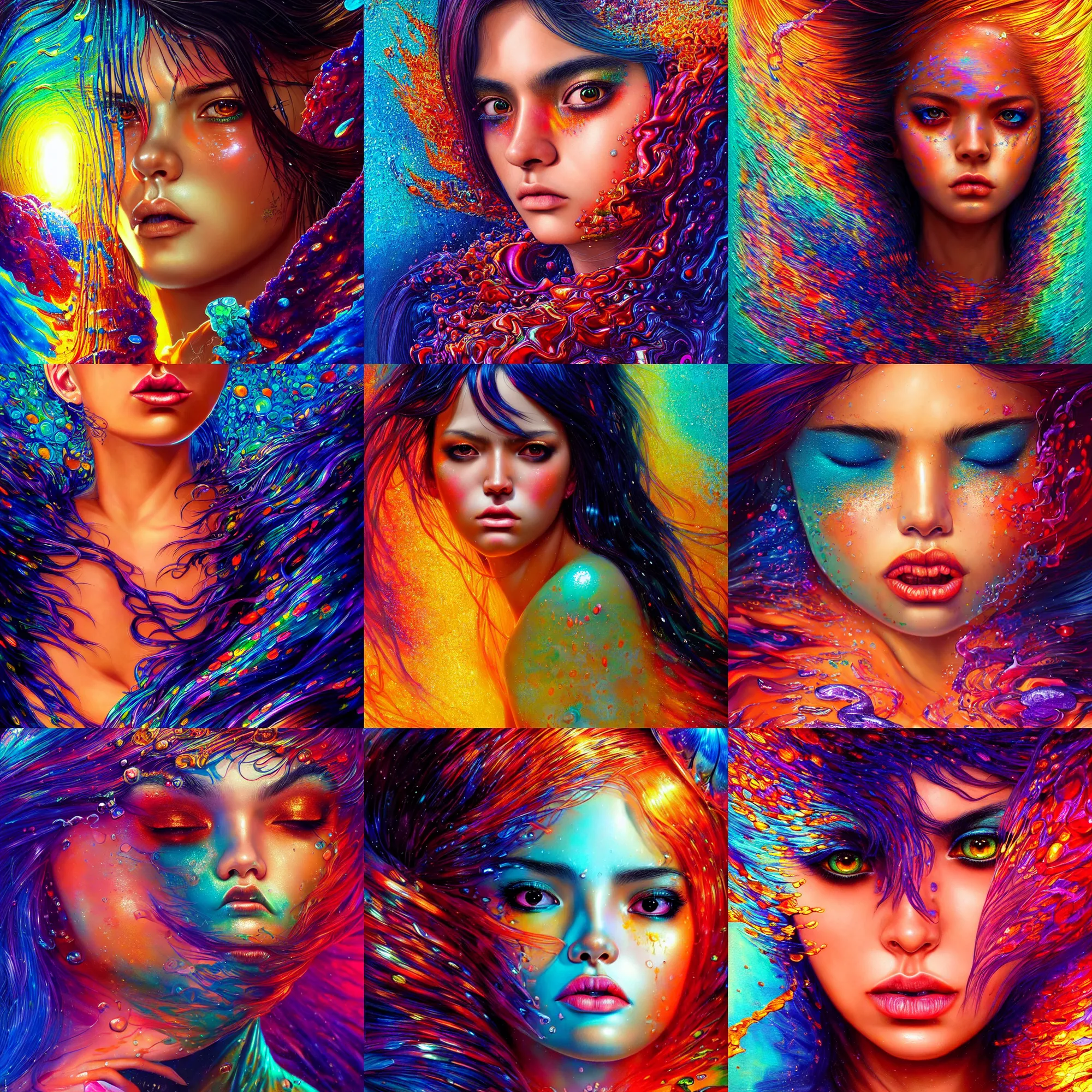 Prompt: ultra detailed illustration of a angry latin girl covered in a sea of iridescent liquid by karol bak and Ruan Ji, colorful, vivid colors, 8k, coherent, anime vibes, uplifting, magical composition, artstation, synthwave, 8k, coherent, artgerm, uplifting, unreal engine, magical composition, artstation