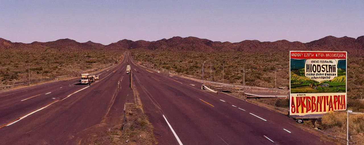 Image similar to highway advertisements promoting spaghetti, highway 5 0, arizona, sunset, canon 2 0 mm, shallow depth of field, kodachrome, in the style of wes anderson