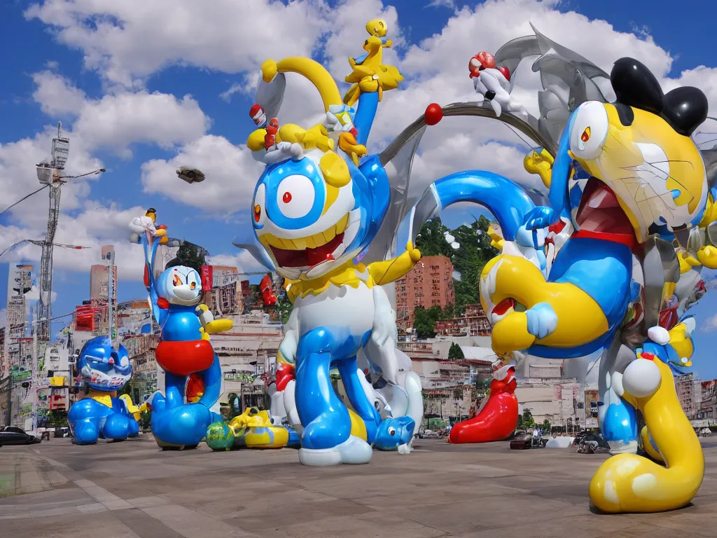 Prompt: Jeff Koon’s Doraemon Dorami Fractal Dragon statue