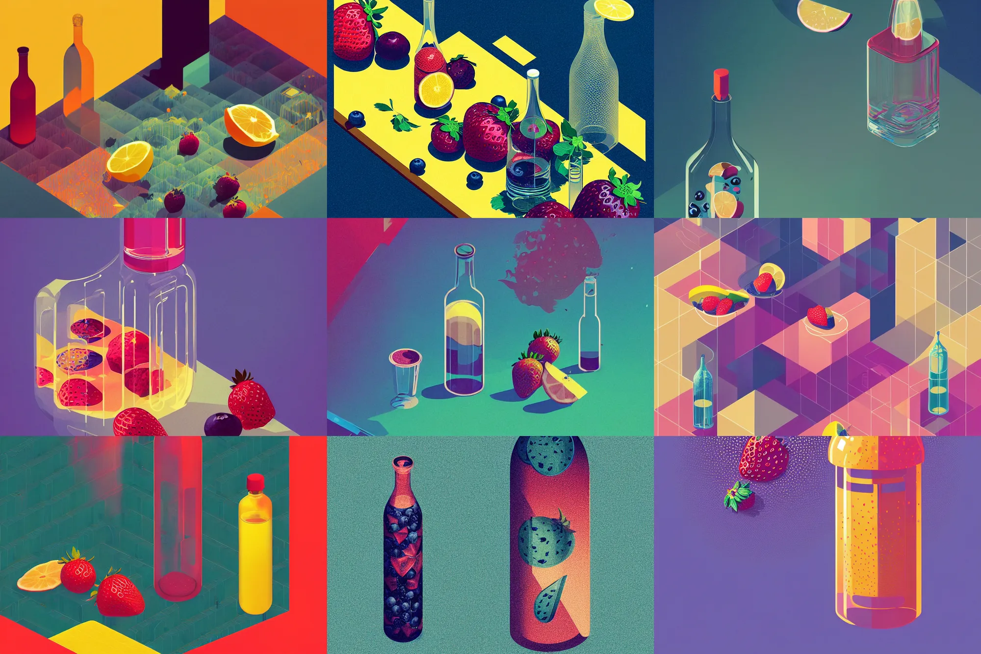 Prompt: ( ( dither ) ), editorial illustration strawberries blueberries sliced lemon inside a clear drinking bottle, isometric, modern art deco, ( ( mads berg ) ), christopher balaskas, victo ngai, rich grainy texture, detailed, dynamic composition, wide angle, matte print, art nouveau, unreal engine