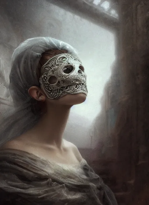 Image similar to close up of a veiled half scull mask girl on the ruins temple, looking at the camera very curiously, smog on the floor, extremely beautiful and aesthetic and attractive and cute detailed face and body, chiaroscuro, model pose, fantasy illustrations, by makoto shinkai and jeremy lipking and ferdinand knab