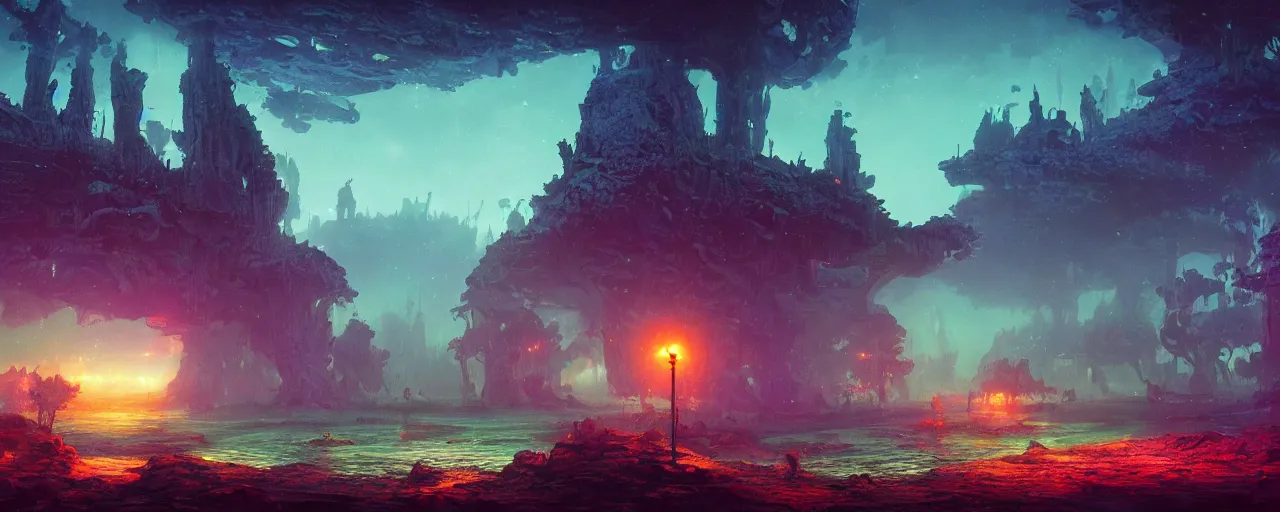 Image similar to ” otherwordly landscape at night, [ bioluminescense, cinematic, detailed, epic, widescreen, opening, establishing, mattepainting, photorealistic, realistic textures, octane render, art by slop and paul lehr ] ”