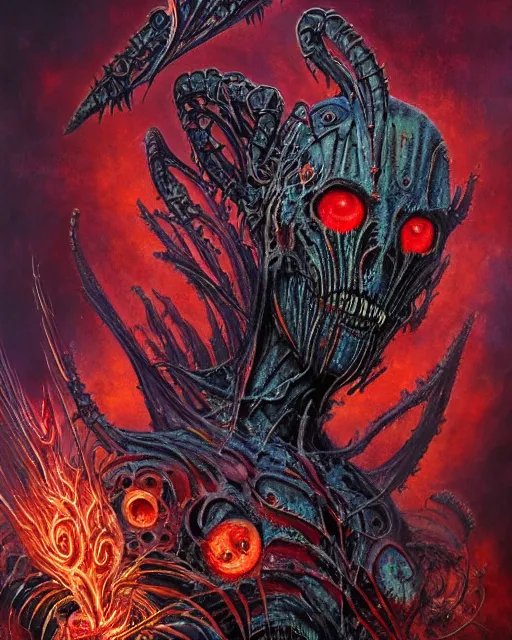 Image similar to charred bloody fleshmetal cyborg daemonhost psychedelic flamer of tzeentch, by antonio j. manzanedo, giger, alex grey, android jones, wayne barlowe, philippe druillet, raymond swanland, cyril rolando, josephine wall, harumi hironaka, cronenburg, trending on artstation