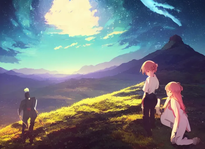 Image similar to watching the stars at night, on a mountain, by wlop, anime key visual, poster