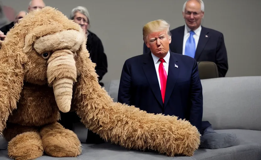 Image similar to Donald Trump in a baby mammoth costume , with an open face