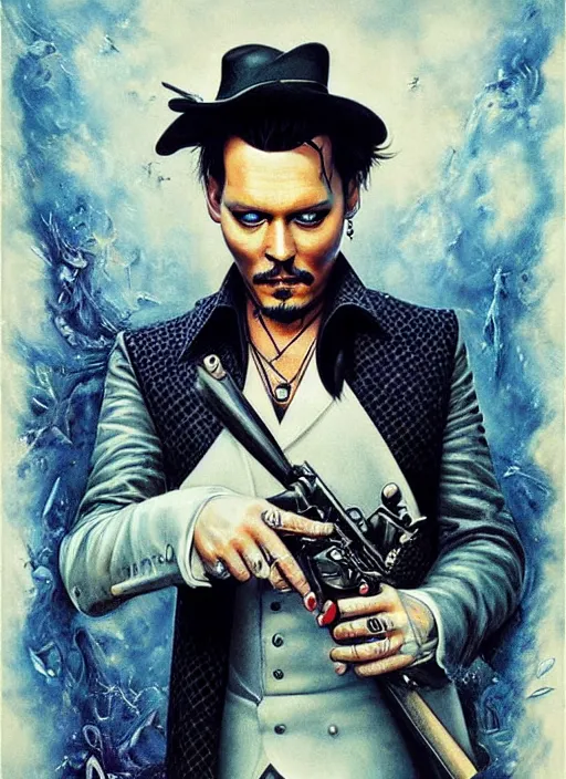 Prompt: johnny depp play james bond film by james jean, karol bak