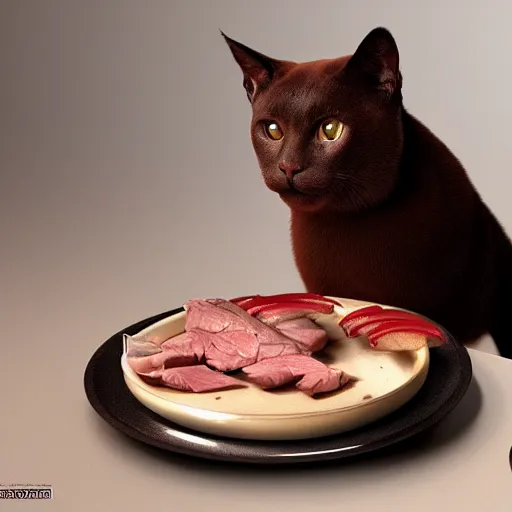 Image similar to cute burmese cat sniifing a plate of meat, sharp focus, octane render, volumetric lighting, 8k high definition, by greg rutkowski, highly detailed, trending on art Station