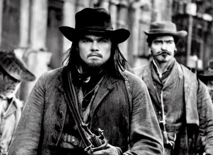 Prompt: an action scene from the movie gangs of new york, medium long shot, leonardo dicaprio and daniel day - lewis, sharp eyes, serious expressions, detailed and symmetric faces, black and white, cinematic, epic,