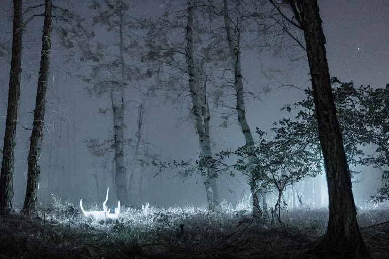 Prompt: a creepy dark forest illuminated by a bioluminescent stag, night