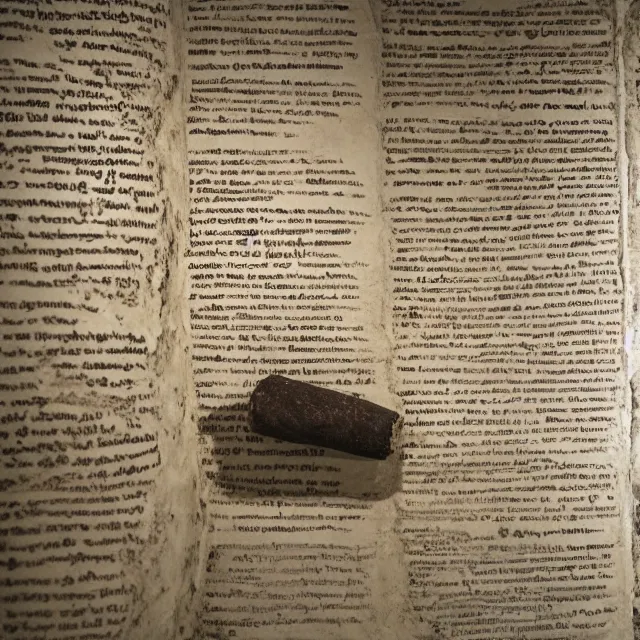 Prompt: a photo of a museum display showing a cylindrical clay holding a dead sea scroll with nabeatean writing, dark, brooding, atmospheric, volume lighting