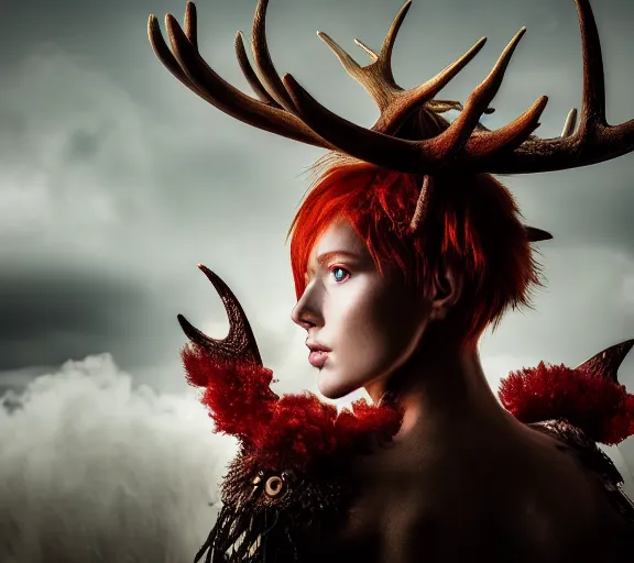 Prompt: a portrait photo of an armored woman warrior redhead with antlers sitting on the edge of a giant red cap mushroom that covers a whole town and reaches above the clouds by luis royo. intricate. lifelike. soft light. sony a 7 r iv 5 5 mm. cinematic post - processing