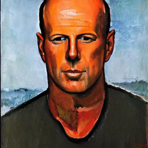 Image similar to Portrait of Bruce Willis, painting by Amedeo Modigliani, Expressionism, Oil on Canvas