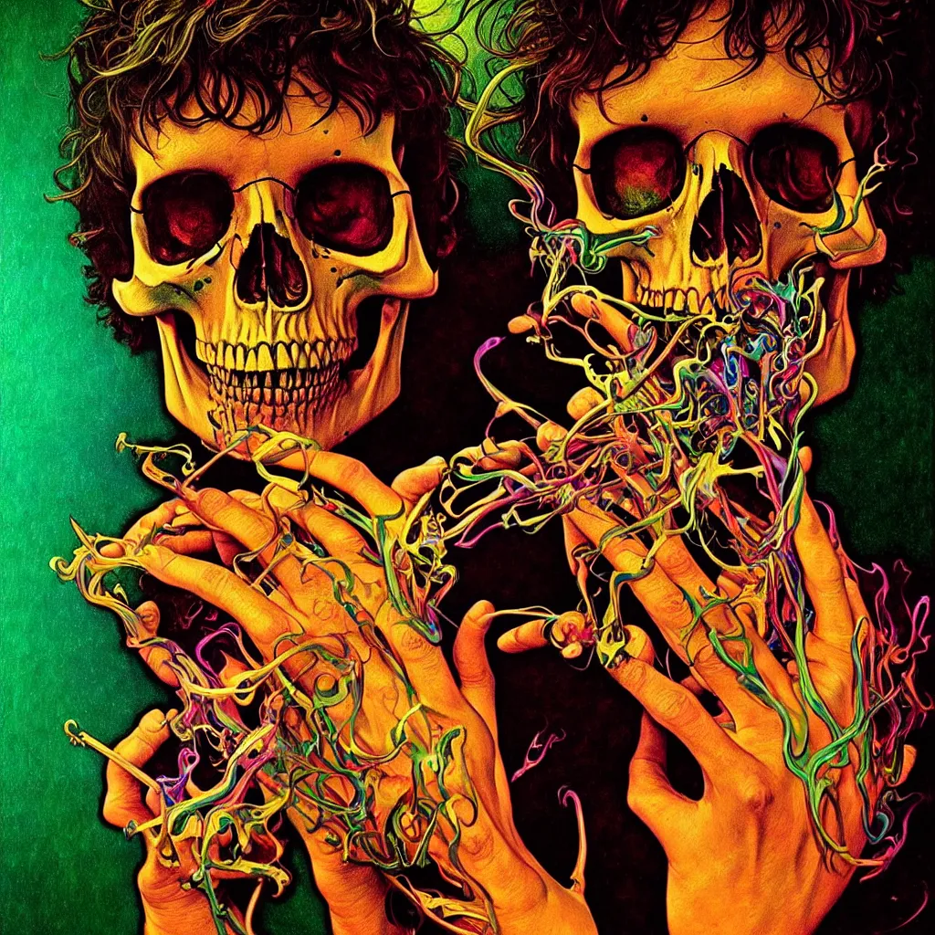 Prompt: bright psychedelic photo of SYD BARRETT SKULL SMOKING, diffuse lighting, fantasy, intricate, elegant, highly detailed, lifelike, photorealistic, digital painting, artstation, illustration, concept art, smooth, sharp focus, art by John Collier and Albert Aublet and Krenz Cushart and Artem Demura and Alphonse Mucha