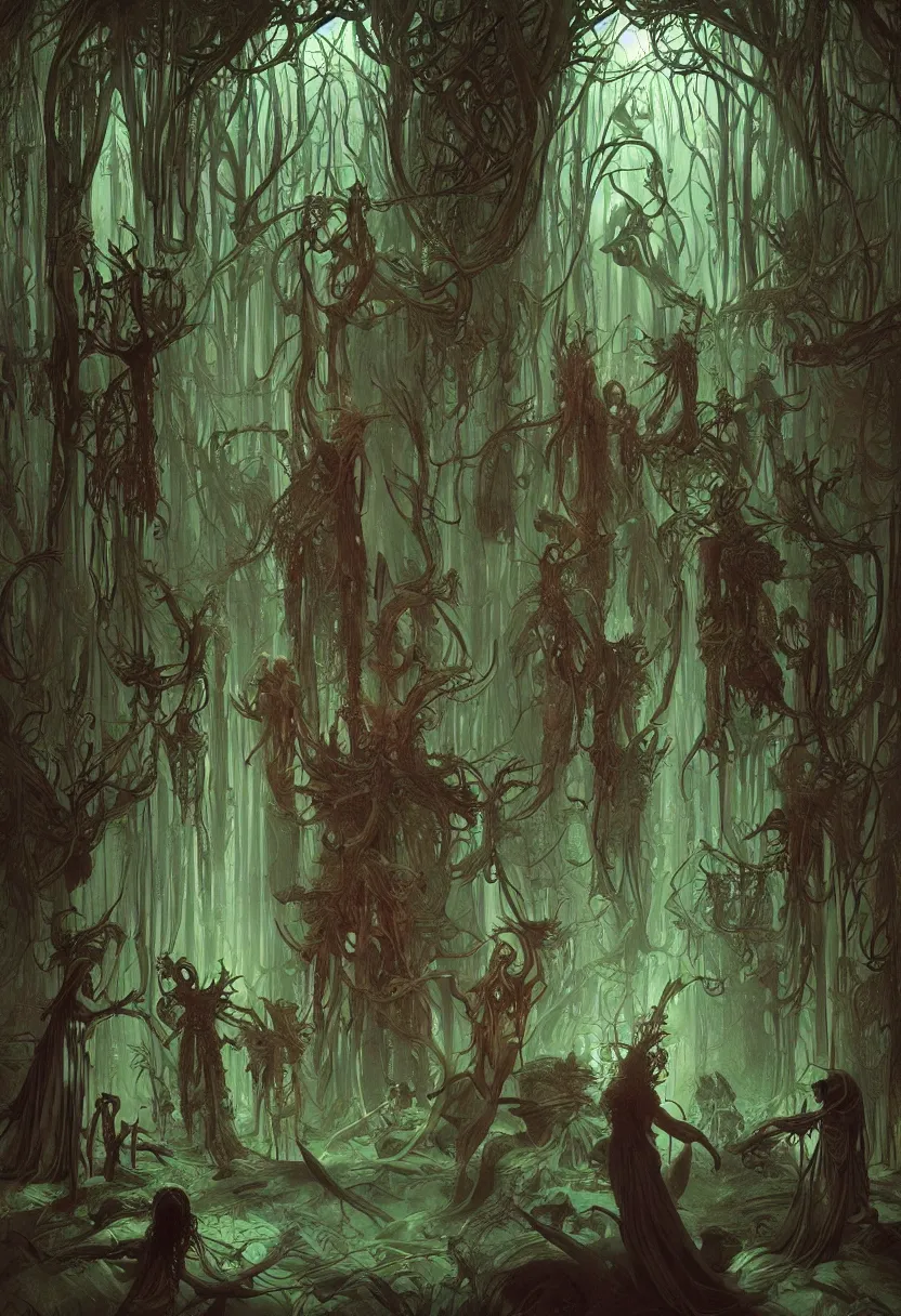 Prompt: a group of beautiful cyberpunk witches having a seance in a bioluminescent forest - by greg rutkowski and raymond swanland hr giger and zdzislaw beksinski and alphonse mucha and moebius, matte painting, hyperdetailed, symmetry, art nouveau, beautiful render, concept art