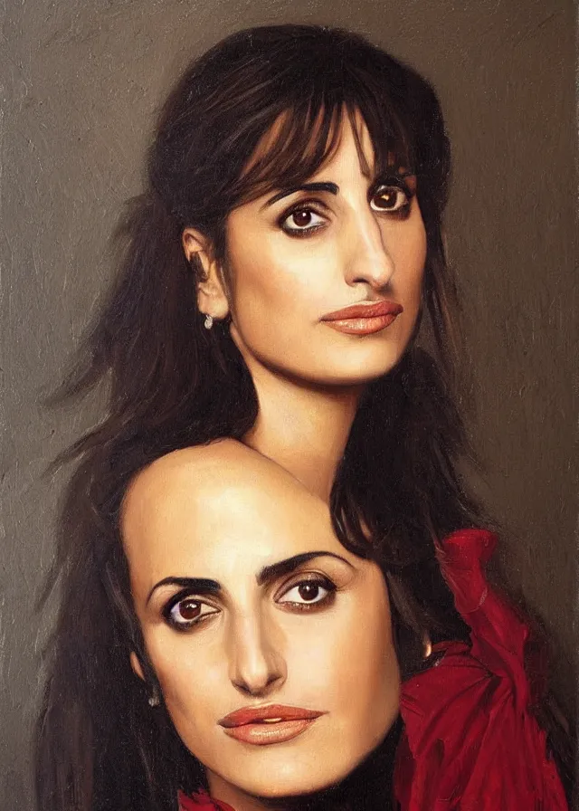 Image similar to oil painting, portrait of penelope cruz, artwork by caravaggio