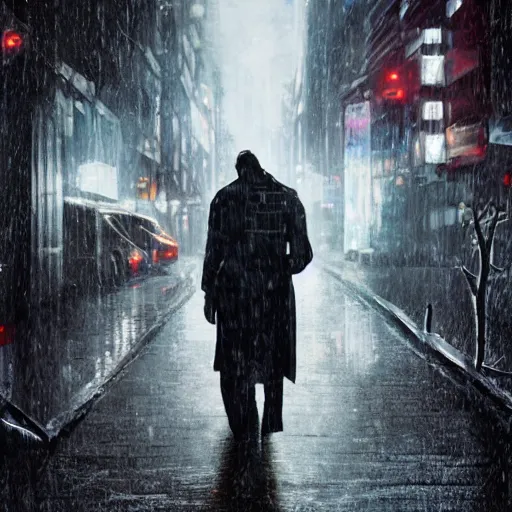 Image similar to frankenstein's monster wearing a trench coat on a wet nighttime street, cyberpunk style, trending on art station, trending on deviantart, 8 k resolution, epic digital art