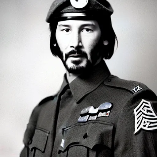 Prompt: keanu reeves as a soldier , historical photo