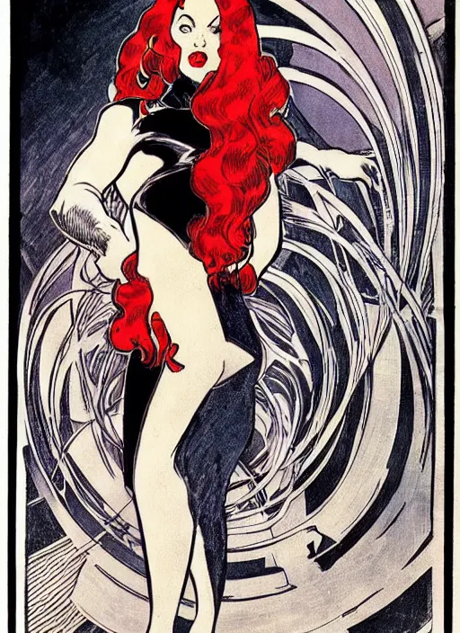 Image similar to a woman with red hair. she is a superhero, wearing a superhero costume. well composed, clean elegant painting, beautiful detailed face. retro comic book art by steve ditko and jack kirby and ( alphonse mucha )