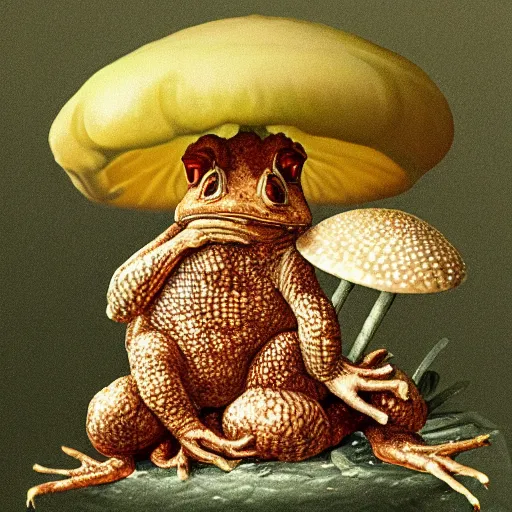 Image similar to A toad seated on an amanita-colored throne