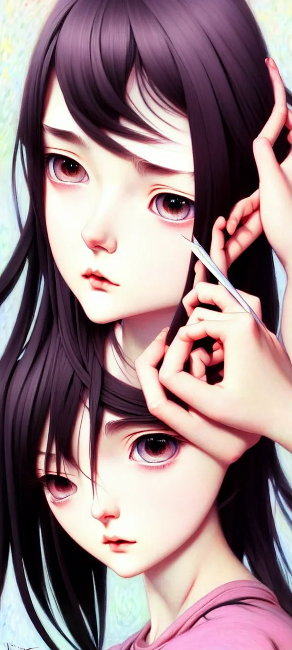 Image similar to a beautiful youth teenage depressed ocd psychotic popular girl in school struggling with morbid thoughts realized, angry eyes, soft skin, magnificent art by ilya kuvshinov, claude monet, range murata, artgerm, norman rockwell, highly detailed intricately sharp focus, bedroom eyes trending on pinterest, tiktok 4 k uhd image