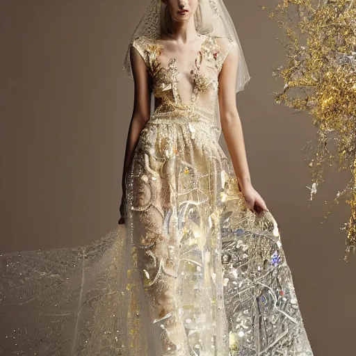 Image similar to a long wedding dress with a train made of flower petals made of light - colored fabric. transparent in places. in places, patterns of precious stones. intricate patterns of gold thin threads. fantasy. clear details