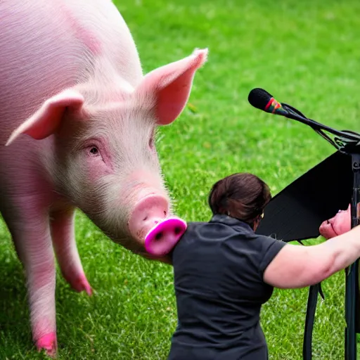 Image similar to a woman interrupts a pig with a microphone