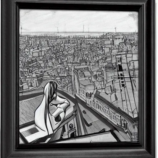 Image similar to woman, city, looking down, street top view, by olivia berardinis, enoch bolles,