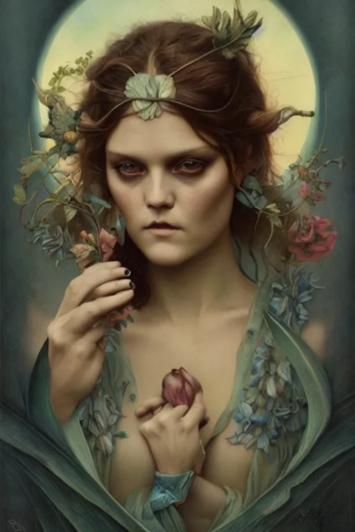 Prompt: Tove Lo by Tom Bagshaw in the style of Gaston Bussière, art nouveau