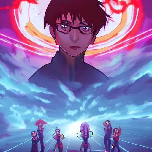 Prompt: Neon Genesis Evangelion battle by Lois van baarle with blazing clouds