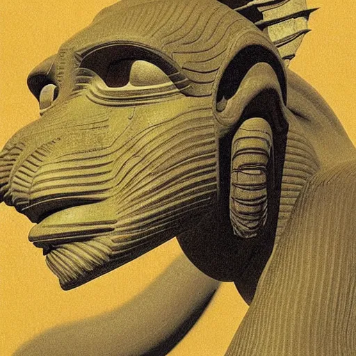 Image similar to an alien sphinx and female like creature by takayuki takeya