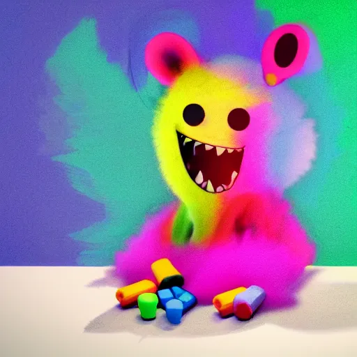 Prompt: misbehaving soft fuzzy monster eating crayons as they melt, in the style of billelis and james jean and pedro conti and stanley kubrick, inspired by die antwoord, kawaii colors, photorealistic, epic, super technical, 3 d render