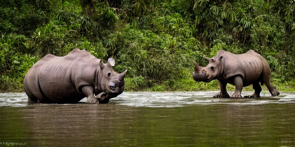 Image similar to a hippo with a rhino horn, in a river in the jungle, extremely high fidelity, natural lighting