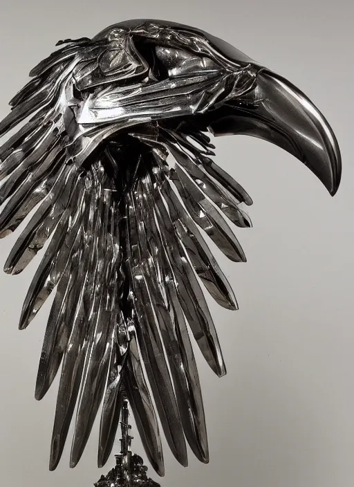 Image similar to a vulture skeleton sculpture made with polished stainless steel, shining and glossy by bernini