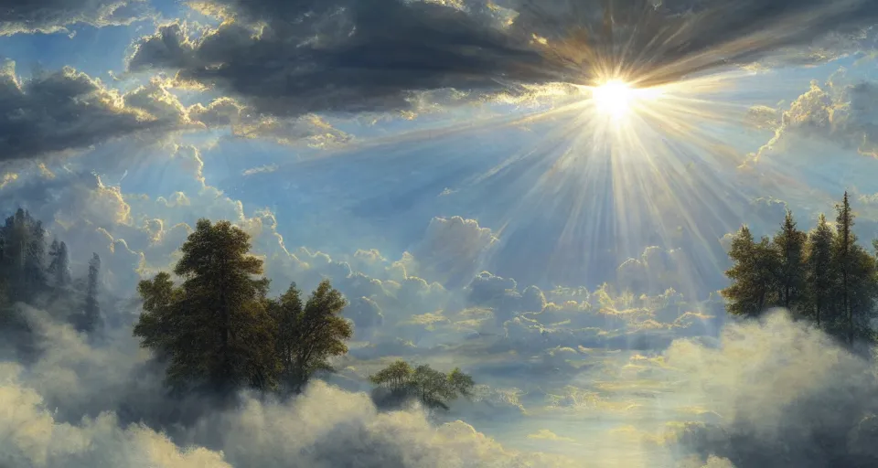 Image similar to heaven!! with angels floating on clouds!! god rays, by eugene von guerard, ivan shishkin, dramatic lighting, concept art, trending on artstation, 8 k