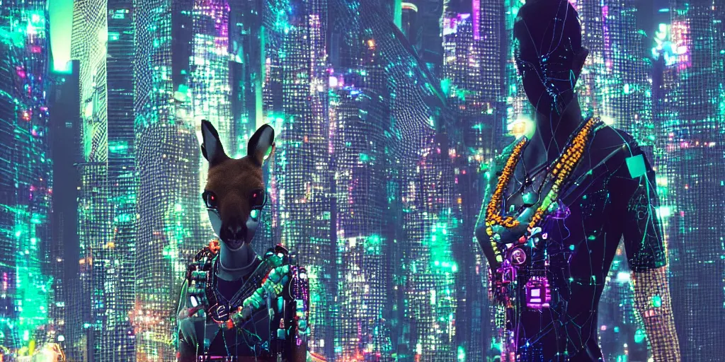 Image similar to a kangaroo wearing a beaded necklace, cyberpunk settings, cityscape, style of artgerm, at night